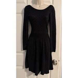 Sandro Ritournelle Dress Black Metallic Long Sleeve Knit Back V Neck Mini 1